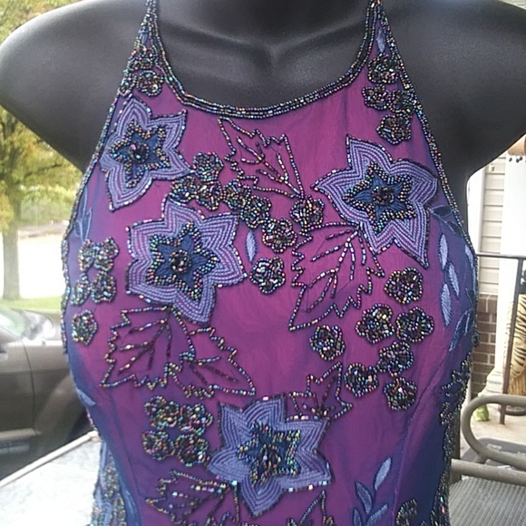 Stunning! Cache full length, blue beaded,sheer gown, with hot pink lining.Sz.2-4 - Picture 2 of 9